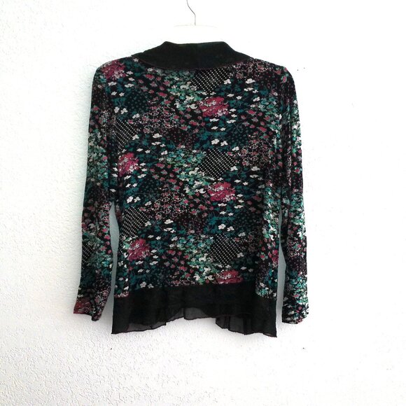 Black colorful floral long sleeve blouse, with little tiny studs and lace detail - Picture 7 of 8